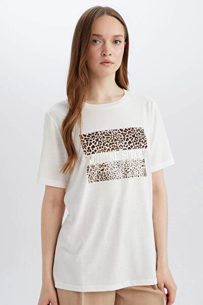 DeFacto Дамска тениска с къс ръкав в цвят екрю D8925AX/ER138