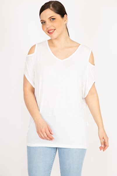 Şans Women's Large Size Bone Thin Viscose Fabric Shoulder Low-cut Blouse 65n22864