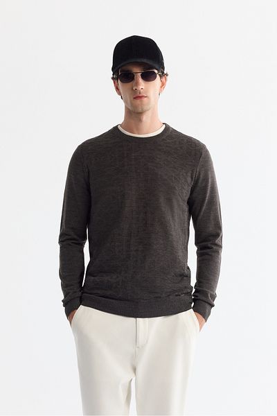 Avva Men's Anthracite Crew Neck Textured Knitwear Sweater E 005110