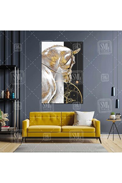 SML TABLO Altın İşlemeli Beyaz At Modern Sanat Siyah Beyaz Dekor Gold Dikey K...
