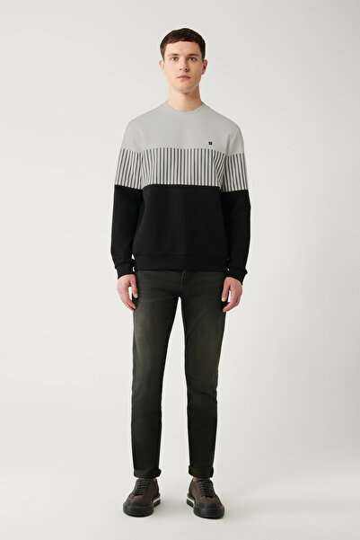 Avva Erkek Gri-Siyah İnterlok Kumaş Bisiklet Yaka Baskılı Sweatshirt A32Y1313