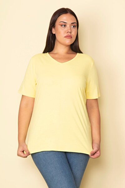 Şans Women's Large Size Yellow Cotton Fabric V-Neck Short Sleeve Blouse 65n27533
