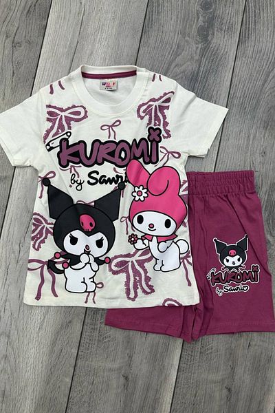 eQru Store Kuromi Printed White T-Shirt and Plum Colored Shorts Girl's Suit