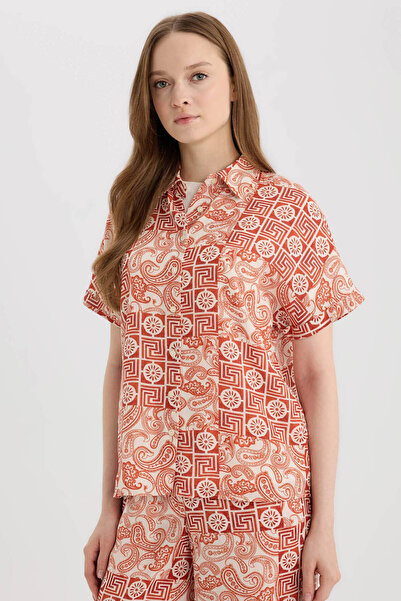 DeFacto Kurzärmliges orangefarbenes Damenhemd C9621AX/OG269