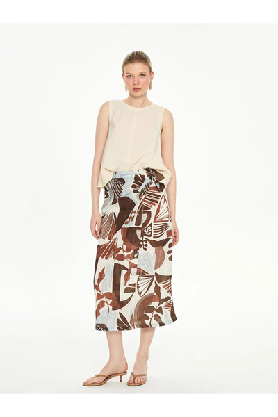 LC Waikiki Lcw Vision Brown Patterned Skirt with Elastic Waist
