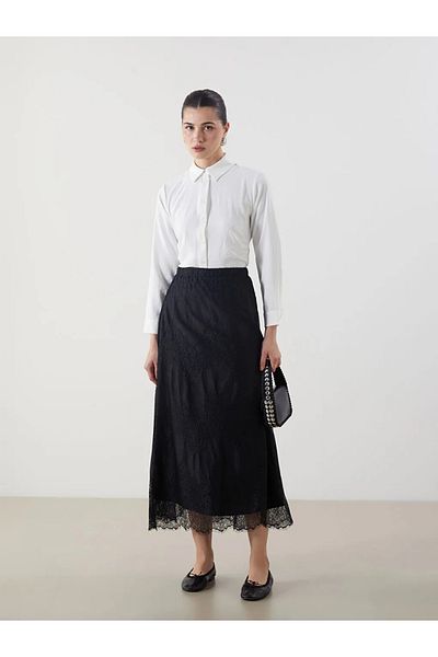 LC Waikiki LCW Modest Black Fusta Brode cu model cu talie elastică