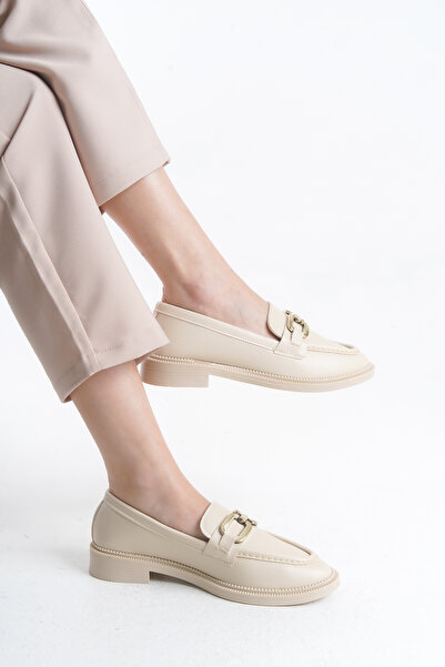 LexasUs Kadın Loafer Altın Rengi Kare Tokalı Krem İnce Topuklu Hafif Şık Günlük Ayakkabı