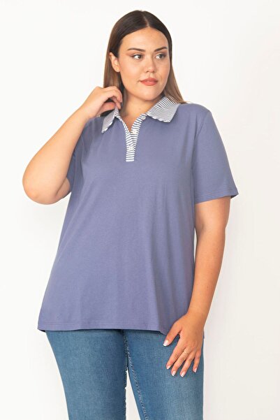 Şans Női nagy méretű indigó pamut szövet polo gallérral gombos blúz 65n27322