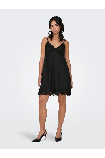 ONLY Onllou Life Broderie Anglaise Detail Black V-Neck Organic Cotton Dress