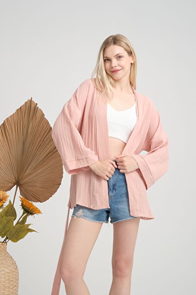 COTTOWOO Pudra Müslin Kuşaklı Kadın Kimono Gömlek