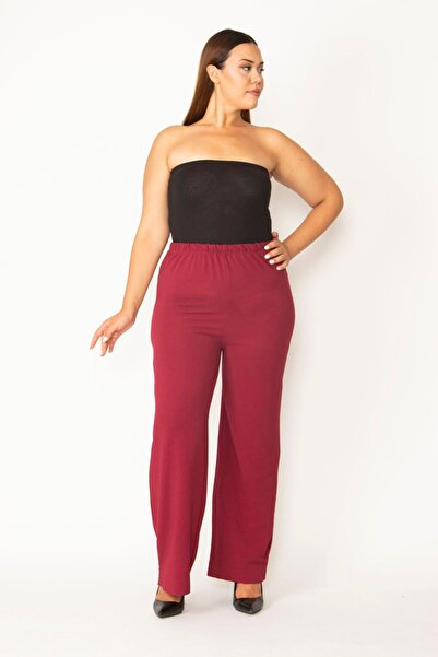 Şans Women's Large Size Burgundy Self-Striped Fabric Waist Elastic Tube Leg Trousers 65n27809