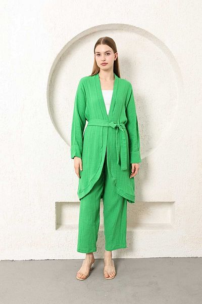 COTTOWOO Benetton Green 100% Cotton Women's Kimono Pants Suit Straight Leg Girdle