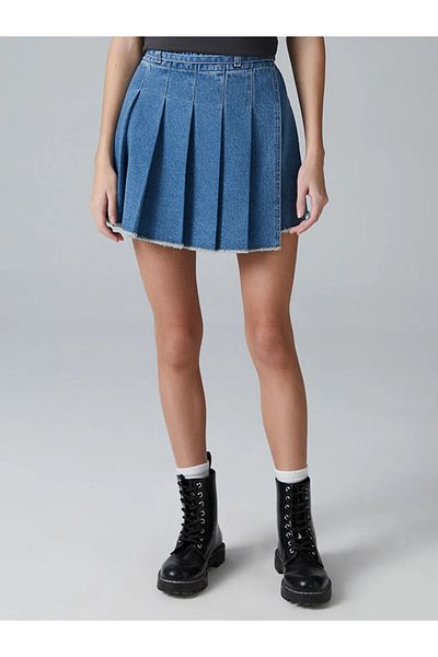 LC Waikiki Fusta scurtă de jeans pentru fete tinere LCW Teen Indigo plisată