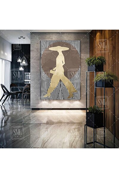 SML TABLO Şapkalı Kadın Gold Woman Art Dekor Soyut Sanat Dikey Kanvas Tablo