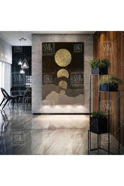 SML TABLO Kahverengi Altın Gold Daire Geometrik Modern Sanat Dikey Kanvas Tablo
