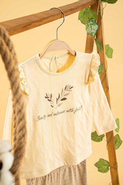 bombe Kız Erkek Bebek Çocuk Bej 2'li Takım Natural Pamuklu Nakışlı Trend Moda Alt Üst Takım