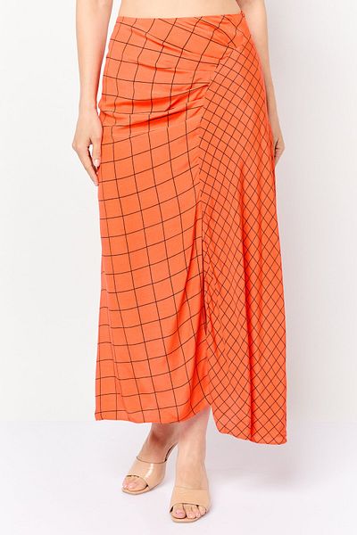 Esprit Women Windowpane Pattern Midi Skirt, Dark Orange
