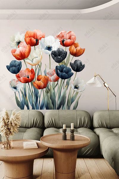 efekt reklam Watercolor Multicolored Tulips Living Room-Bedroom-Kitchen Wall Adhesive Sticker Set