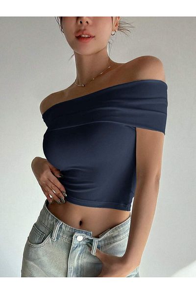ecemore Bluză crop cu guler Madonna bleumarin E7033