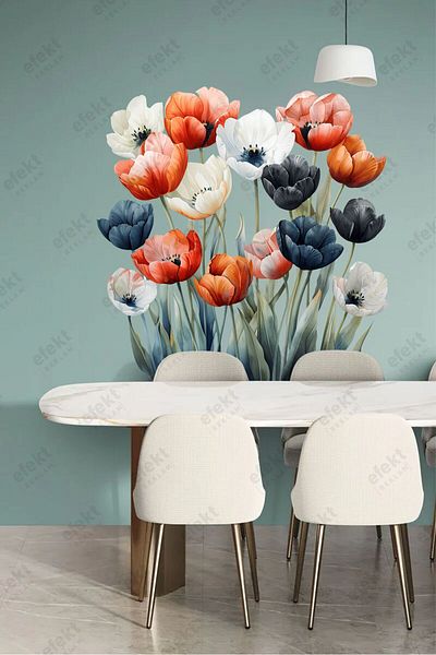efekt reklam Watercolor Multicolored Tulips Living Room-Bedroom-Kitchen Wall Adhesive Sticker Set