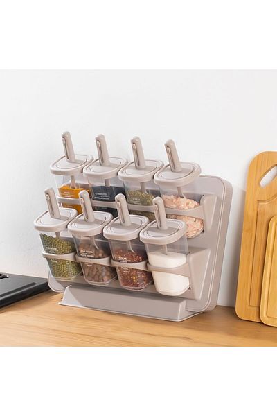 Mu Art Ahşap Mrt 1123 8-Piece Stand with Sliding Spoon 360 °   Spice Rack Set with Rotating Lid and Label - Erz