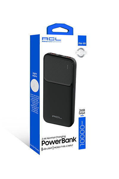 ACL PW-99 10000mAh Powerbank Siyah | LED Göstergeli, Çift USB & Type-C Çıkışlı, Akıllı Güvenlik Sist