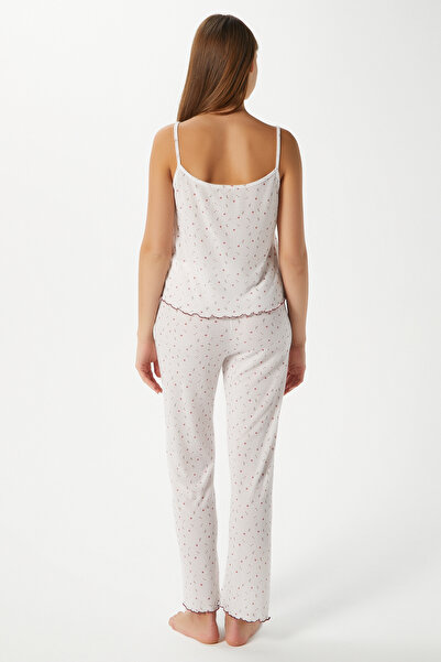 Ritnice Women's June Strappy Ecru Mini Floral Bottom Top Pajama Set