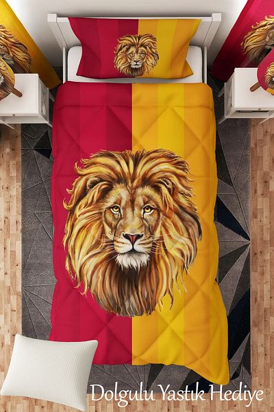 Talia Home Yellow Red Lion Themed Single Children's Quilt Sleeping Set