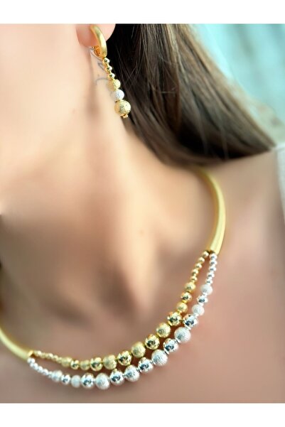 MyladyAccessoriess İki Renk Topçuk Detaylı Set Takı (Çelik)