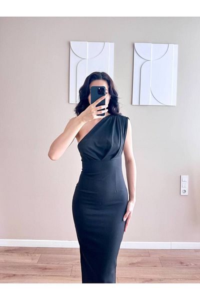 MEECY Rochie de damă cu rever plisat cu un singur umăr