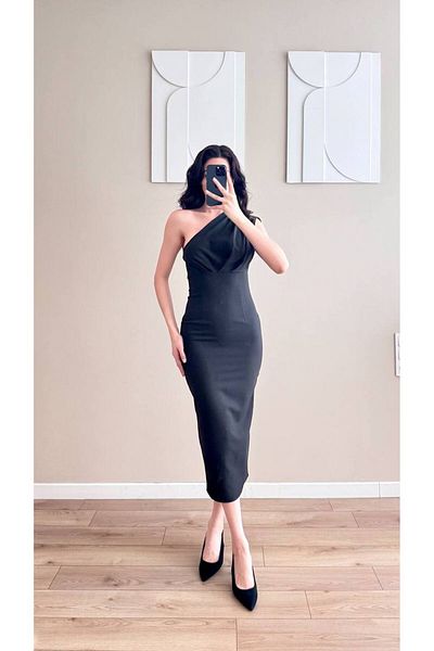 MEECY Rochie de damă cu rever plisat cu un singur umăr