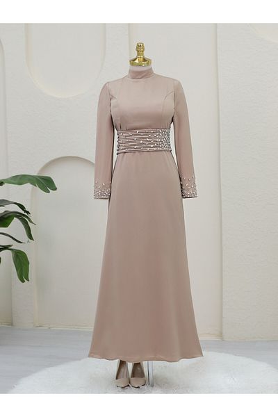 HİJABAYA Corset Belted Stone Satin Evening Dress