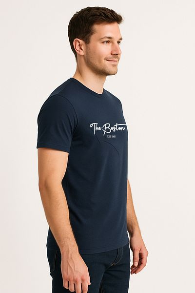 Let's Wear Ανδρικό μπλουζάκι Boston Printed από 100% οργανικό βαμβάκι Basic χτενισμένο βαμβακερό μπλουζάκι Navy Blue