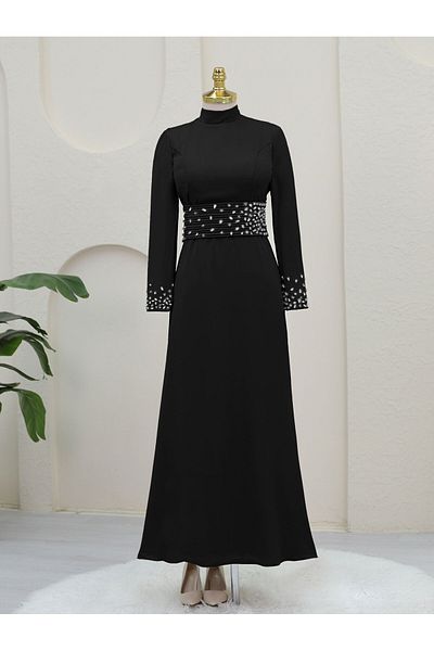HİJABAYA Corset Belted Stone Satin Evening Dress