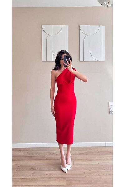 MEECY Women's Collar Pleated One Shoulder Dress
