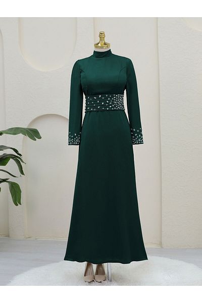 HİJABAYA Corset Belted Stone Satin Evening Dress