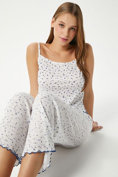 Ritnice Women's June Strappy Blue Tiny Floral Bottom Top Pajamas Set