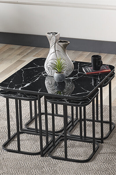 SEDAŞ LIVING UNITS 5 Li Iç Içe 4 1 Siyah Mermer Temperli Cam Siyah Metal Ayak...