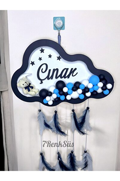 7Renk Kişiye Özel Işıklı Bulut Kapı Süsü İsimli Bebek Odası Dekoru Lacivert Bebek Kapı Panosu