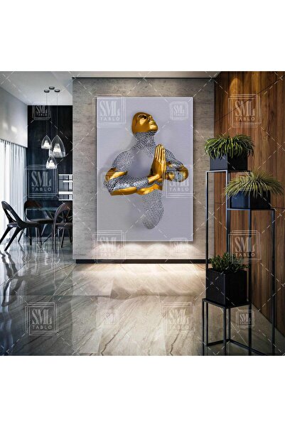 SML TABLO Dua Eden Gold Detaylı Metal Zincir Adam Dekoratif Dikey Kanvas Tablo