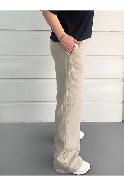 Chicest Moments Women's Muslin Fabric Trousers Loose Wide Leg Elastic Waist