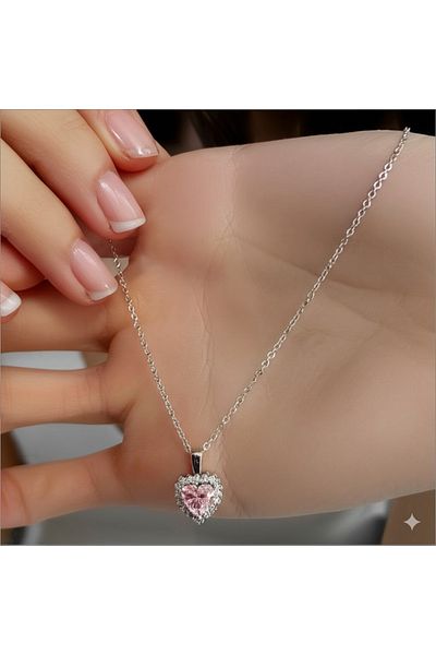 Esra Butik Hane Sparkling Steel Silver Pink Heart Necklace – Zircon Stone, Does Not Tarnish, Stylish Women's Jewelry