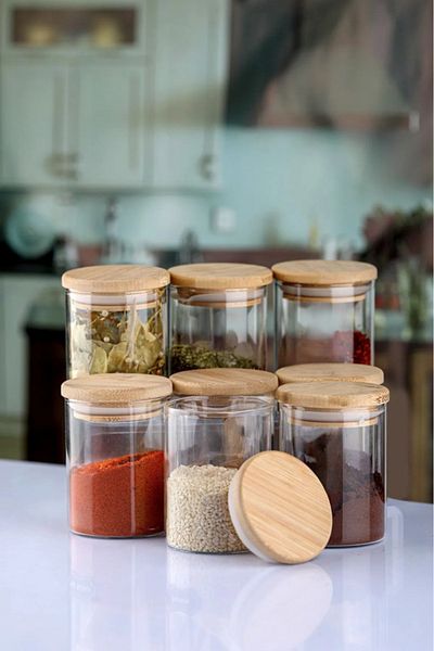Noah Exclusive Set of 8 Borosilicate Glass Spice Jars - Bamboo Lid with Leakproof Silicone - 300 ml (X8)