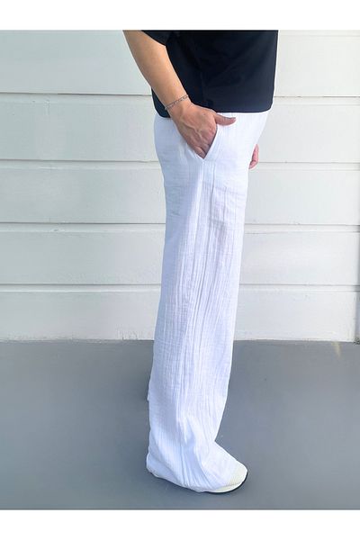 Chicest Moments Women's Muslin Fabric Trousers Loose Wide Leg Elastic Waist