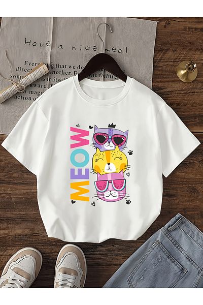 Let's Wear Βαμβακερό μπλουζάκι με στάμπα Meow για κορίτσια με γιακά ποδηλάτου