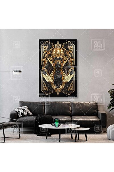 SML TABLO Zlatna detaljna slikana platna sa tigrovim krilima i glavom u gotič...
