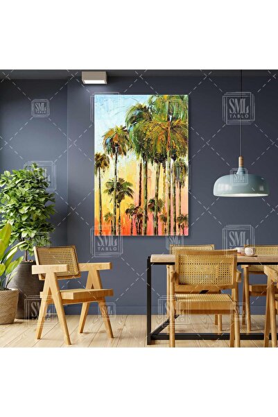 SML TABLO Tropik Palmiyeler Akşamüstü Pembe Bulutlar Fırça İzleri Dikey Kanva...