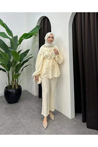 Miraydın Butik Kadın Önden Bağlamalı Büzgülü Takım M41275 - Bej