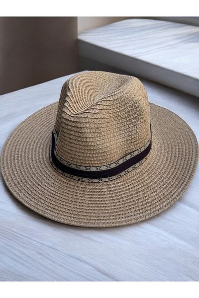 mercantoptan Panama Straw Hat with Fabric Stripe Detail