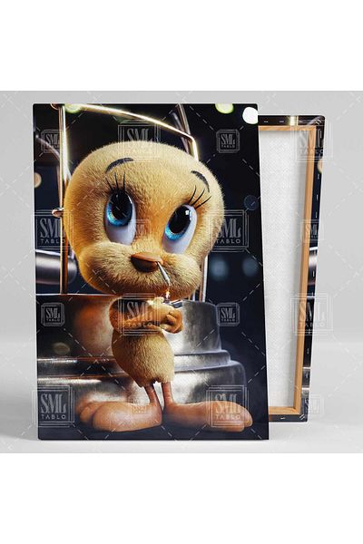 SML TABLO Χαριτωμένο κοτόπουλο Tweety Κάθετη ζωγραφική σε καμβά μπροστά από το δικτυωτό πλέγμα